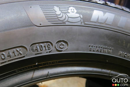 The Michelin X-Ice Snow is made in Nova Scotia, as indicated by the small maple leaf printed on its side.